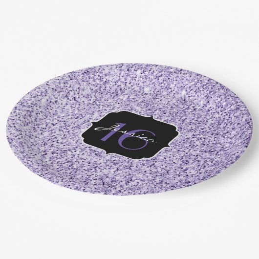 Ultraviolett lila Glitzer funkeln Sweet 16 Pappteller (Schrägansicht)