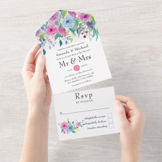 Ultraviolette Farbkombination Blumenzehen All In One Einladung (Abreißen)