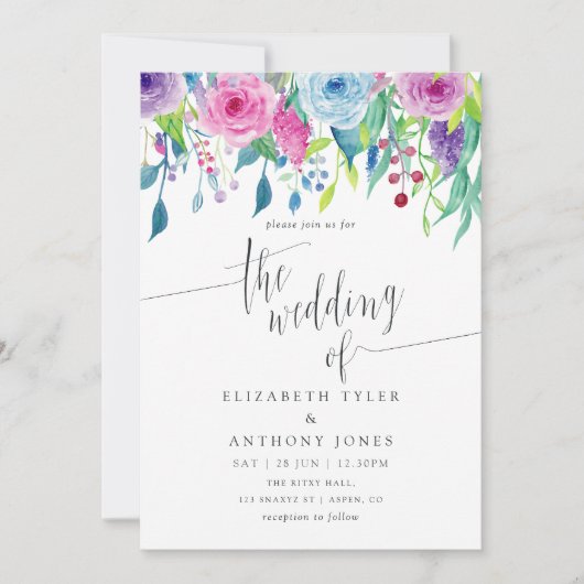 Ultraviolette Farbkombination Wasserfarben-Blumenz Einladung (Vorderseite)