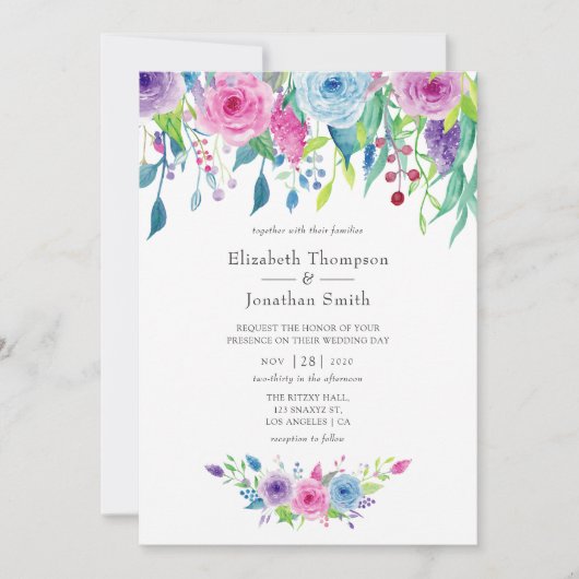 Ultraviolette Farbkombination Wasserfarben-Blumenz Einladung (Vorderseite)