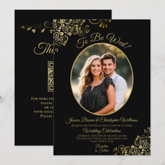 Um Black & Gold QR Code & Foto Hochzeit zu sein Einladung (Vorne/Hinten)
