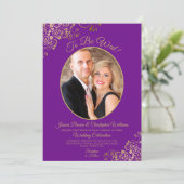 Um Lila und Gold QR Code & Foto Wedding zu sein Einladung (Stehend Vorderseite)