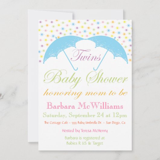 Umbrella Baby Boy Twins Dusche Einladungen (Vorderseite)