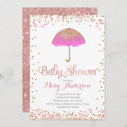 Umbrella Baby Shower Einladung Gold Glitzer PINK (Vorne/Hinten)