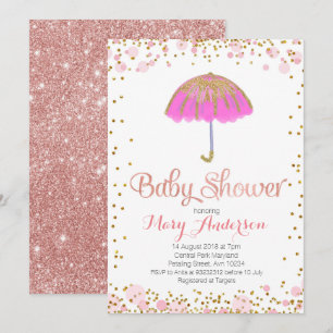 Umbrella Baby Shower Einladung Gold Glitzer PINK