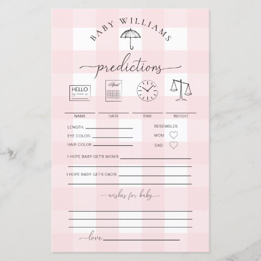 Umbrella Pink Gingham Baby Predictions Game (Vorderseite)