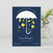 Umbrella White Blue Lemons Babydusche Einladung (Stehend Vorderseite)