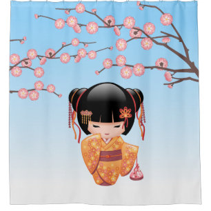 Ume Kokeshi Doll Japanese Geisha Girl Blue Duschvorhang