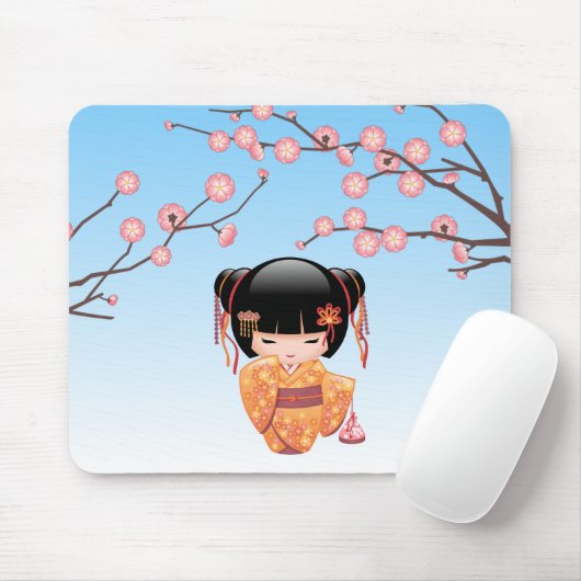 Ume Kokeshi Doll - Japanisch Geisha Girl Blue Mousepad (Mit Mouse)