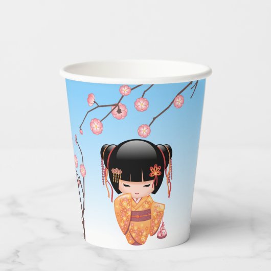 Ume Kokeshi Doll - Japanisch Geisha Girl Blue Pappbecher (Rückseite)
