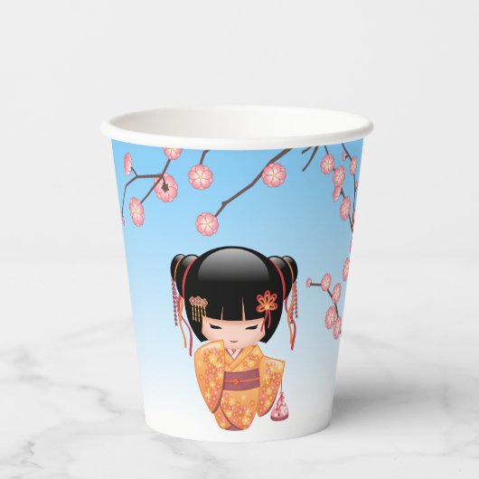 Ume Kokeshi Doll - Japanisch Geisha Girl Blue Pappbecher (Vorderseite)