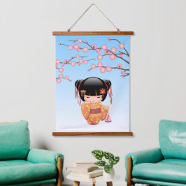 Ume Kokeshi Doll - Japanisch Geisha Girl Blue Wandteppich Mit Holzrahmen