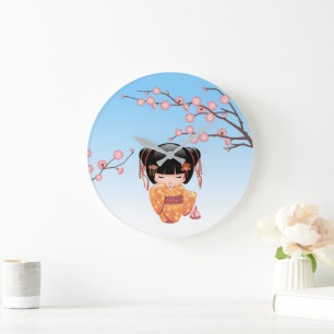 Ume Kokeshi Puppe - Japanisches Geisha-Mädchen Bla Große Wanduhr