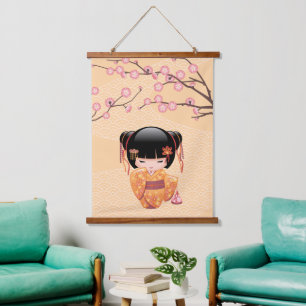 Ume Kokeshi Puppe - Japanisches Mädchen in Pfirsic Wandteppich Mit Holzrahmen