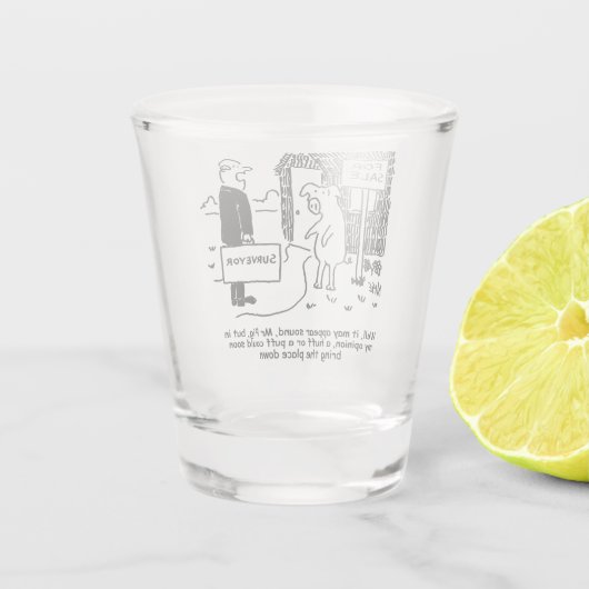 Umfrage warnt Herrn Pig vor seinem Strohhaus. Schnapsglas (Rückseite)