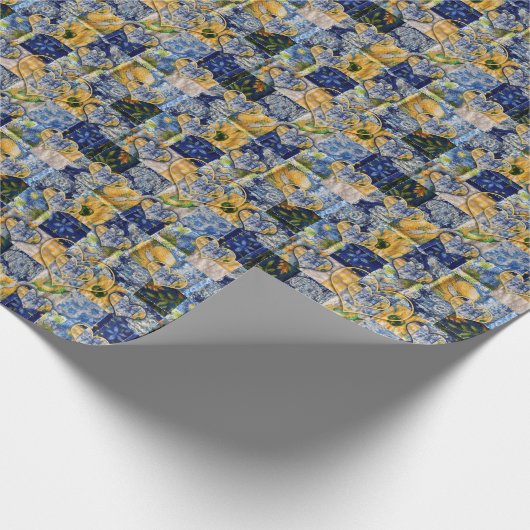 Umhüllung von Papier, blau gelb gestrichelte Muste Geschenkpapier (Ecke)