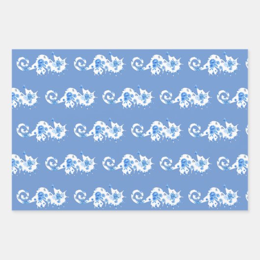 Umhüllungsblätter aus blauem und weißem Seepferd Geschenkpapier Set (Vorderseite 2)