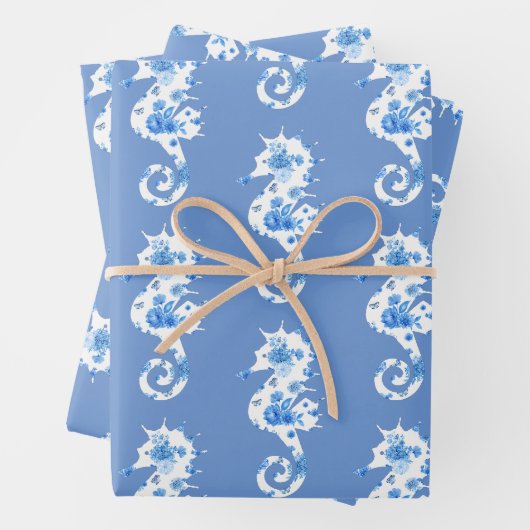 Umhüllungsblätter aus blauem und weißem Seepferd Geschenkpapier Set (Beispiel)