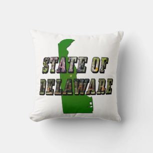 Umriss des Bundesstaates Delaware mit Bildtext und Kissen