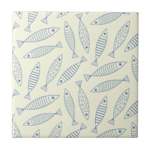 Umriss-Doodle Blau Sardinen Fisch Muster  Fliese