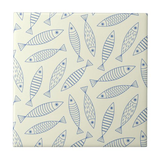 Umriss-Doodle Blau Sardinen Fisch Muster  Fliese (Vorderseite)