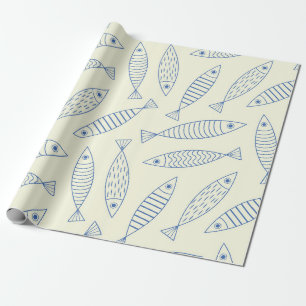 Umriss Doodle Blaue Sardinen Fisch Muster  Geschenkpapier