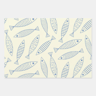 Umriss Doodle Blaue Sardinen Fisch Muster Geschenkpapier Set
