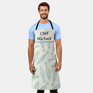 Umriss Doodle Blaue Sardinenfisch Küchenchef Schürze