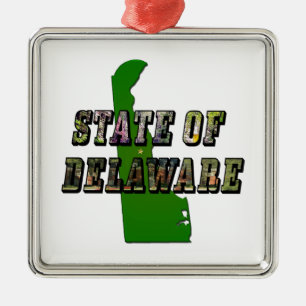 Umriss von Text und Karte des Bundesstaates Delawa Silbernes Ornament