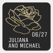 Umrissene Rose Blume mit Namen, Hochzeitsschwarz Quadratischer Aufkleber (Vorderseite)