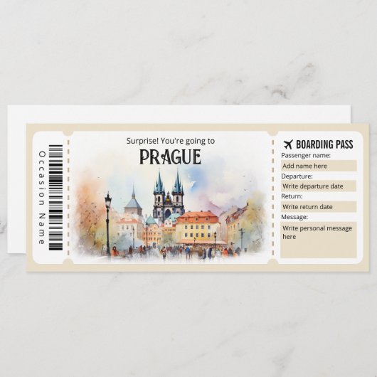 Umrüstbares Prager Flugzeug Ticket, Prager Ausflug Einladung (Vorne/Hinten)