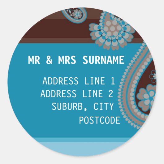 UMSCHLAG AUFKLEBER: Paisley - Choc & aquamarin Runder Aufkleber (Vorderseite)