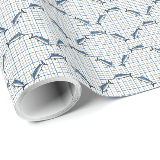 Umschlagpapier - Blue Marlins auf Karierten Geschenkpapier (Rolleneckpunkt)