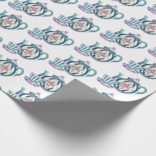 Umschlagpapier - Blue Striping Teekanne, Cup & Sau Geschenkpapier (Ecke)