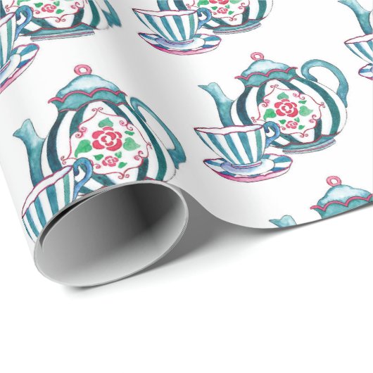 Umschlagpapier - Blue Striping Teekanne, Cup & Sau Geschenkpapier (Rolleneckpunkt)