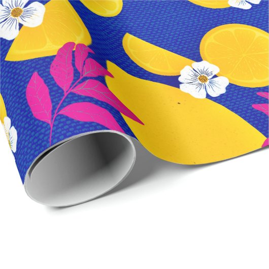 Umschlagpapier mit Zitronen aus Zesty und rosa Blä Geschenkpapier (Rolleneckpunkt)