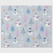 Umschlagpapier "Rosa Bäume und Blaue Schneemänner" Geschenkpapier (Flach)