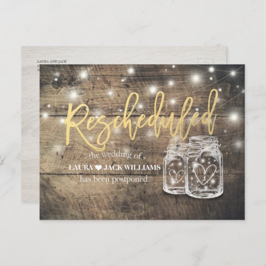 Umschulung Hochzeitspause Mason Jars Wood Ankündigungspostkarte (Vorne/Hinten)