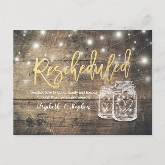 Umschulung Hochzeitspause Mason Jars Wood Ankündigungspostkarte (Vorderseite)