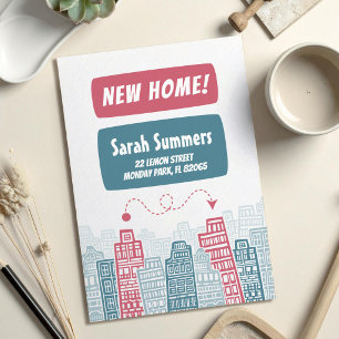 Umzugskarte mit karikaturartiger Stadt Einladung