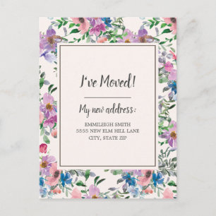Umzugsmeldung Lila Rosa Aquarell Blumen Postkarte