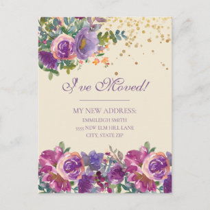 Umzugsmeldung Lila Rosa Blumen Glitter Postkarte