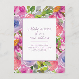 Umzugsmeldung Pink Purpur Wasserfarbe Floral Postkarte