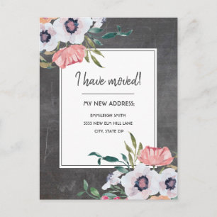 Umzugsmeldung Schultafel Pink Weiße Blumen Postkarte