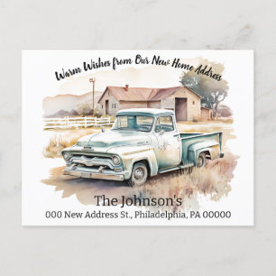 Umzugspostkarte mit Pick-up-Truck und neuer Adress Postkarte