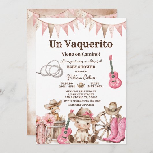 Un Vaquerito Viene en Camino Girl Baby Shower Einladung (Vorne/Hinten)