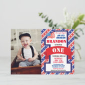 Unabhängigkeitstag 1. Geburtstag Junge Foto Einladung (Stehend Vorderseite)