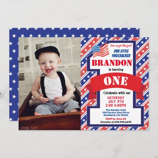Unabhängigkeitstag 1. Geburtstag Junge Foto Einladung (Vorne/Hinten)