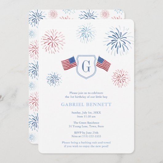 Unabhängigkeitstag Feuerwerk 1. Geburtstag Party Einladung (Vorne/Hinten)
