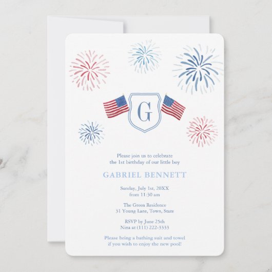 Unabhängigkeitstag Feuerwerk 1. Geburtstag Party Einladung (Vorderseite)